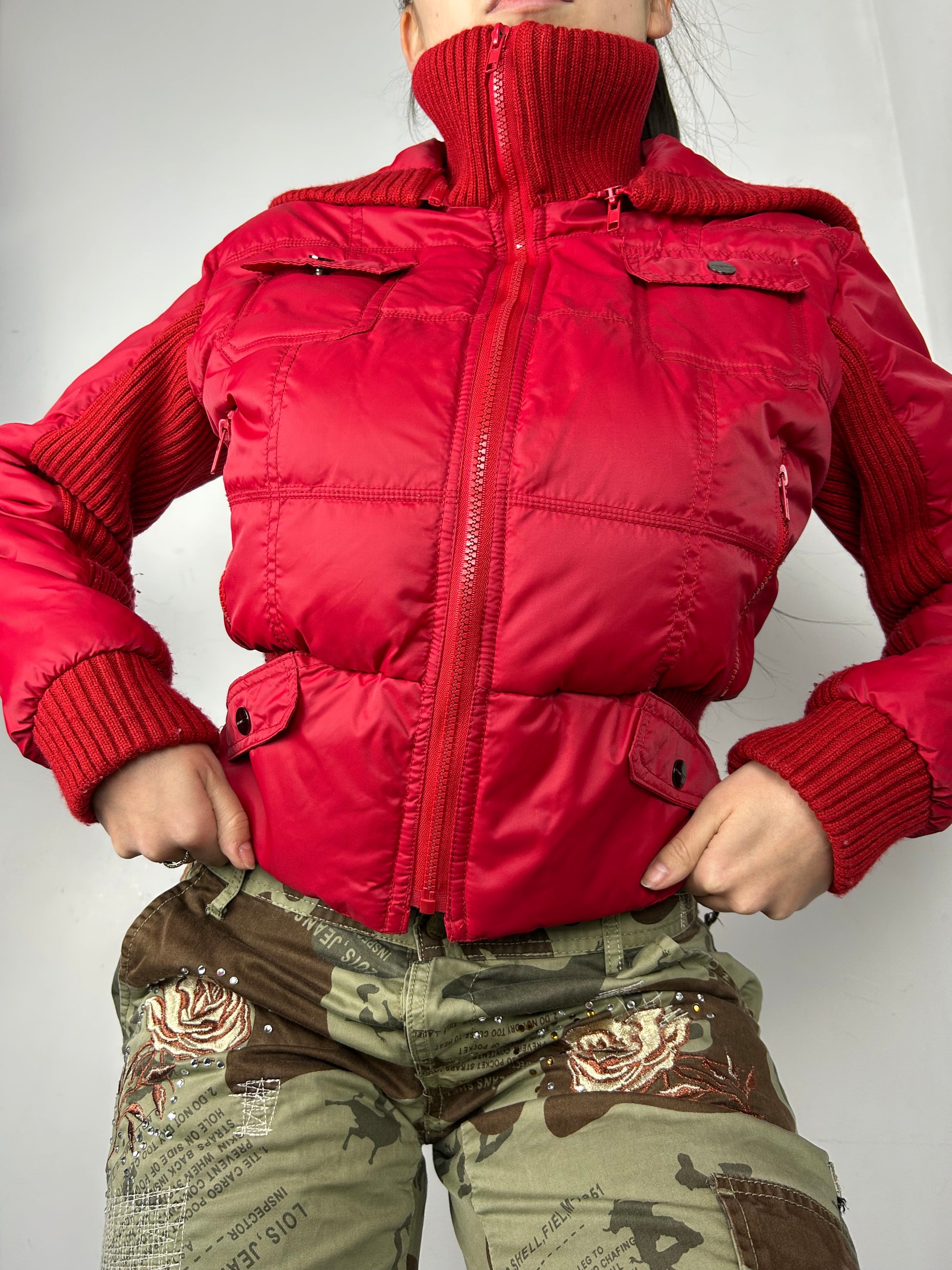 Red zip up puffer jacket (S/M)