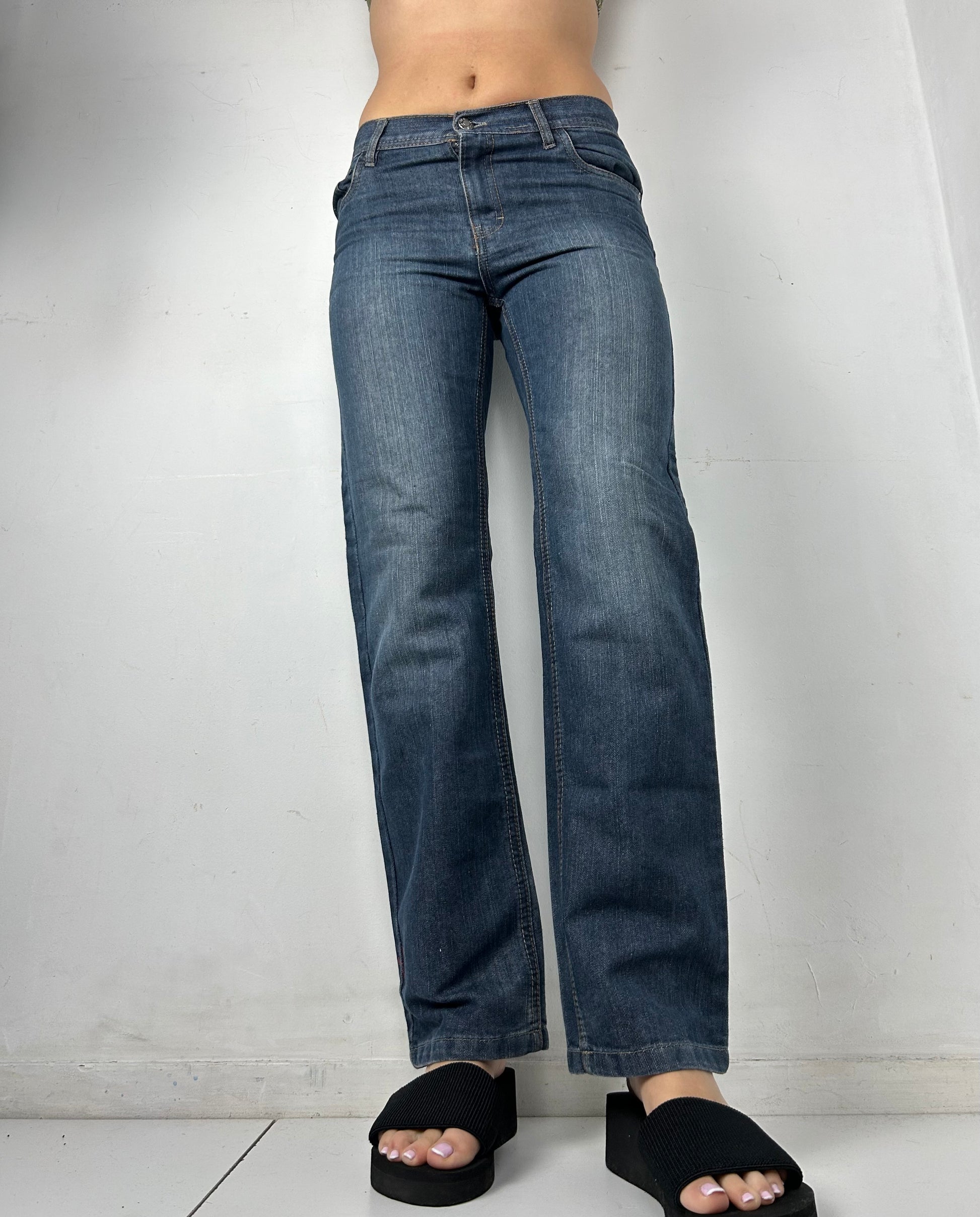 Blue denim low rise straight legs pants (S)