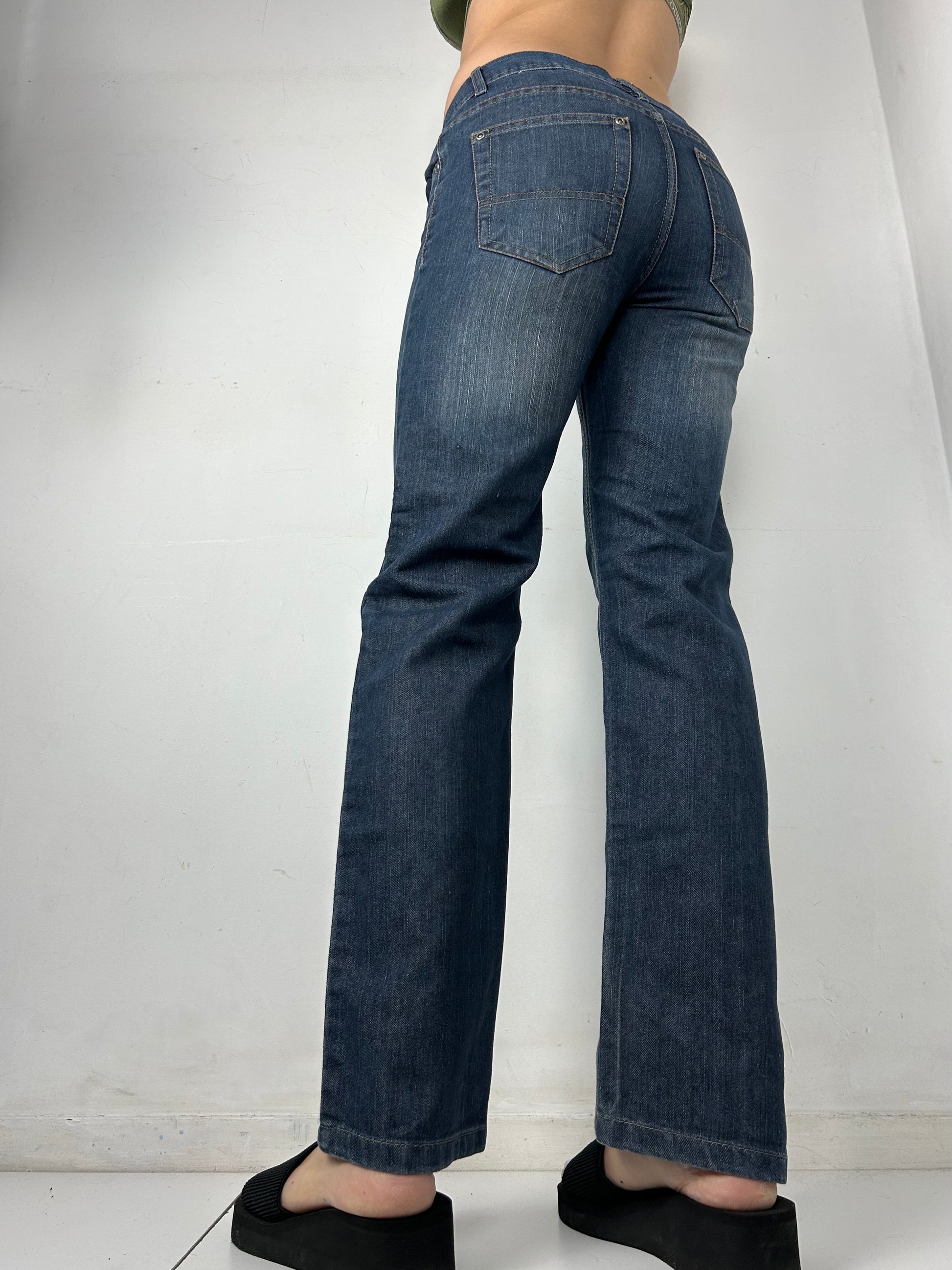 Blue denim low rise straight legs pants (S)