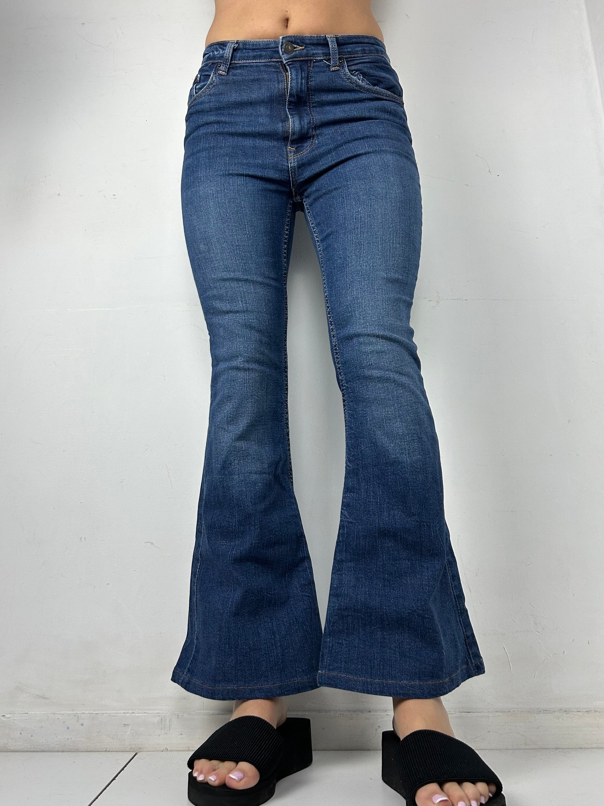 Navy denim low rise flared pants (S)