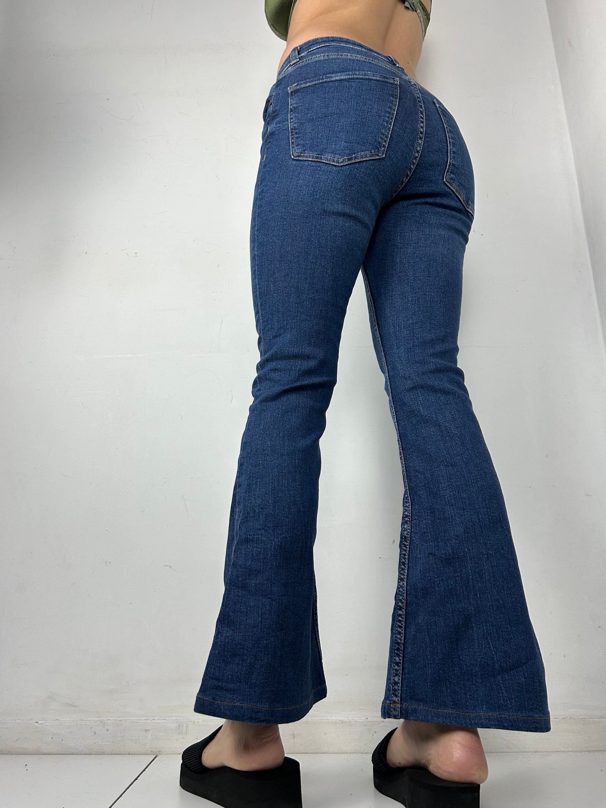 Navy denim low rise flared pants (S)