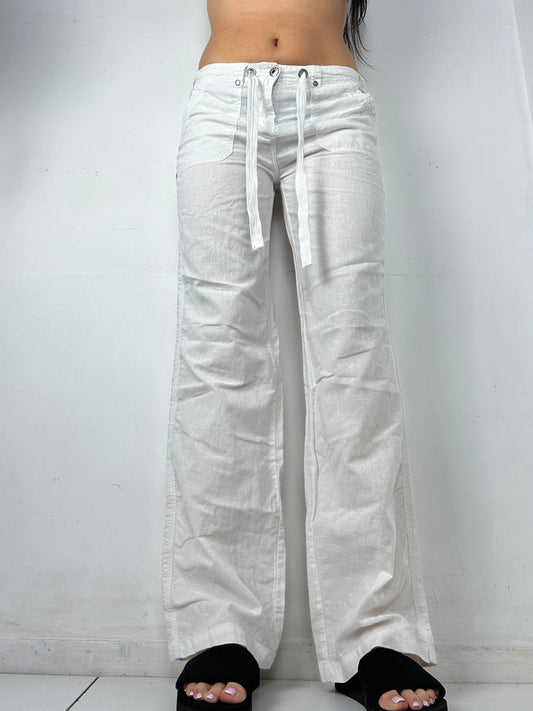 White linen baggy low rise flare pants (M)