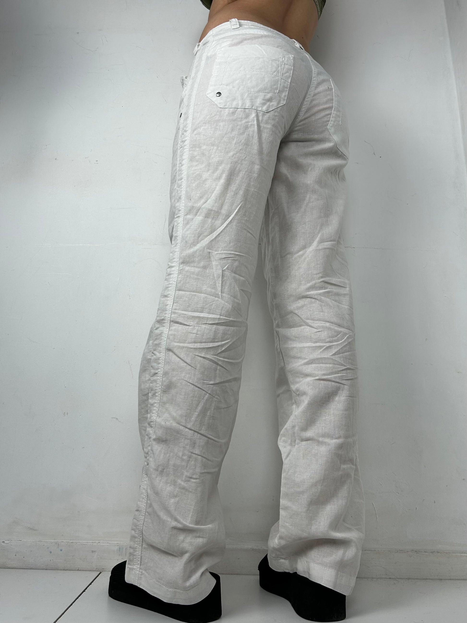 White linen baggy low rise flare pants (M)