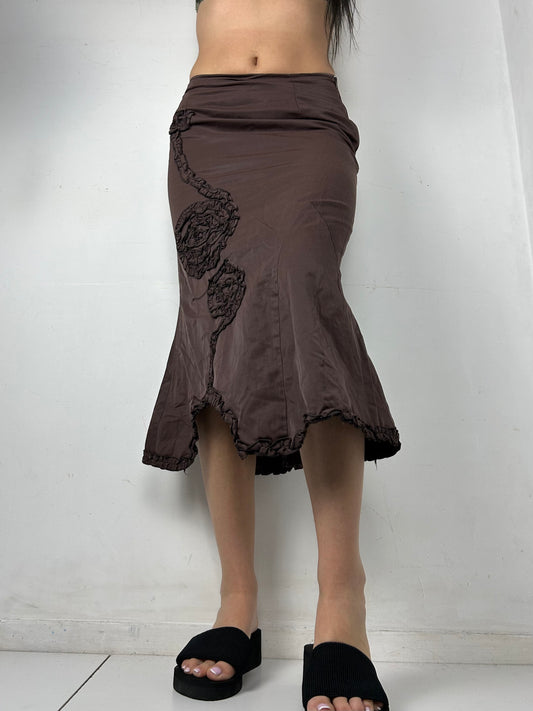 Brown cotton flower appliqué low rise mid skirt (S)