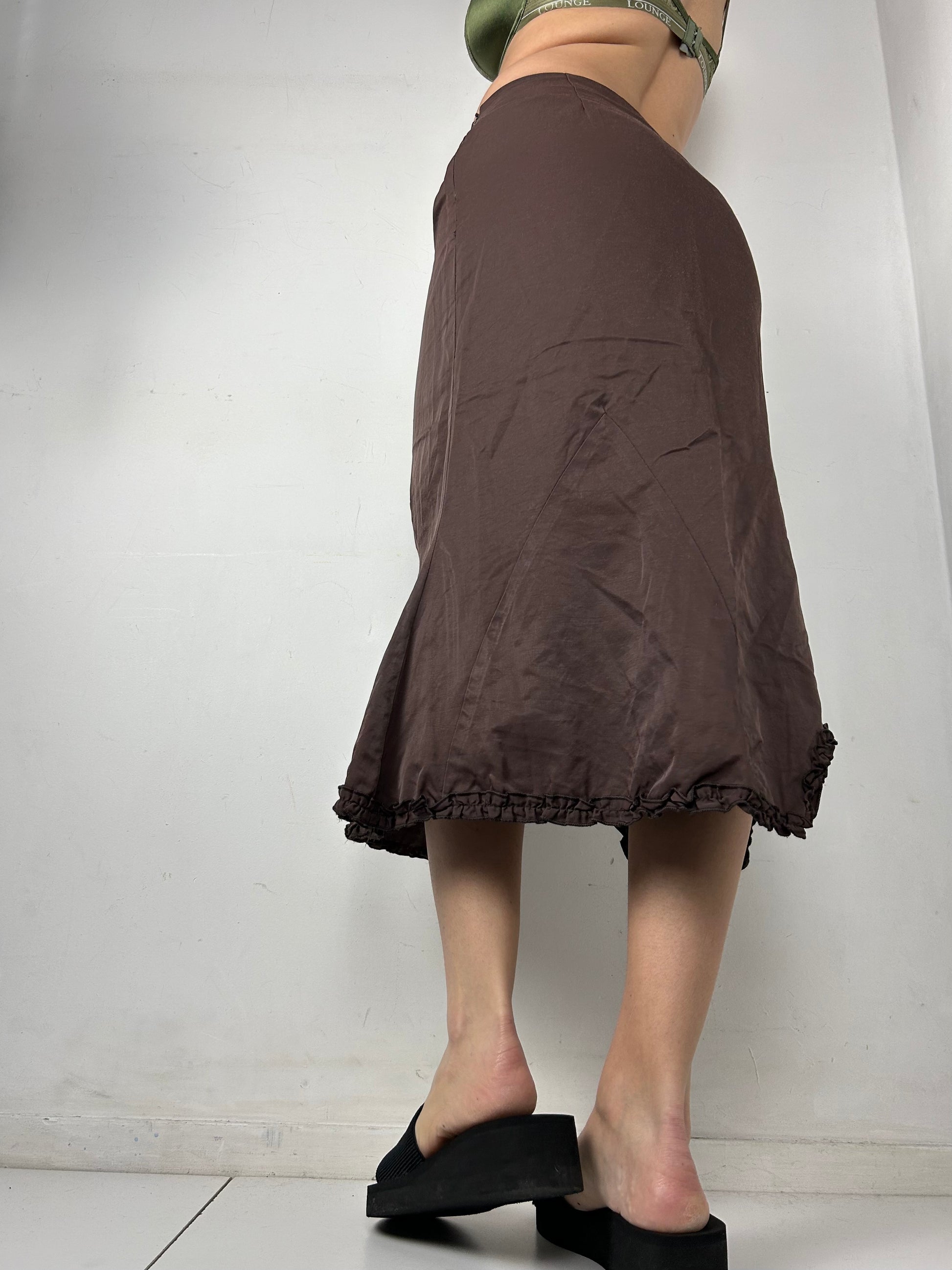 Brown cotton flower appliqué low rise mid skirt (S)