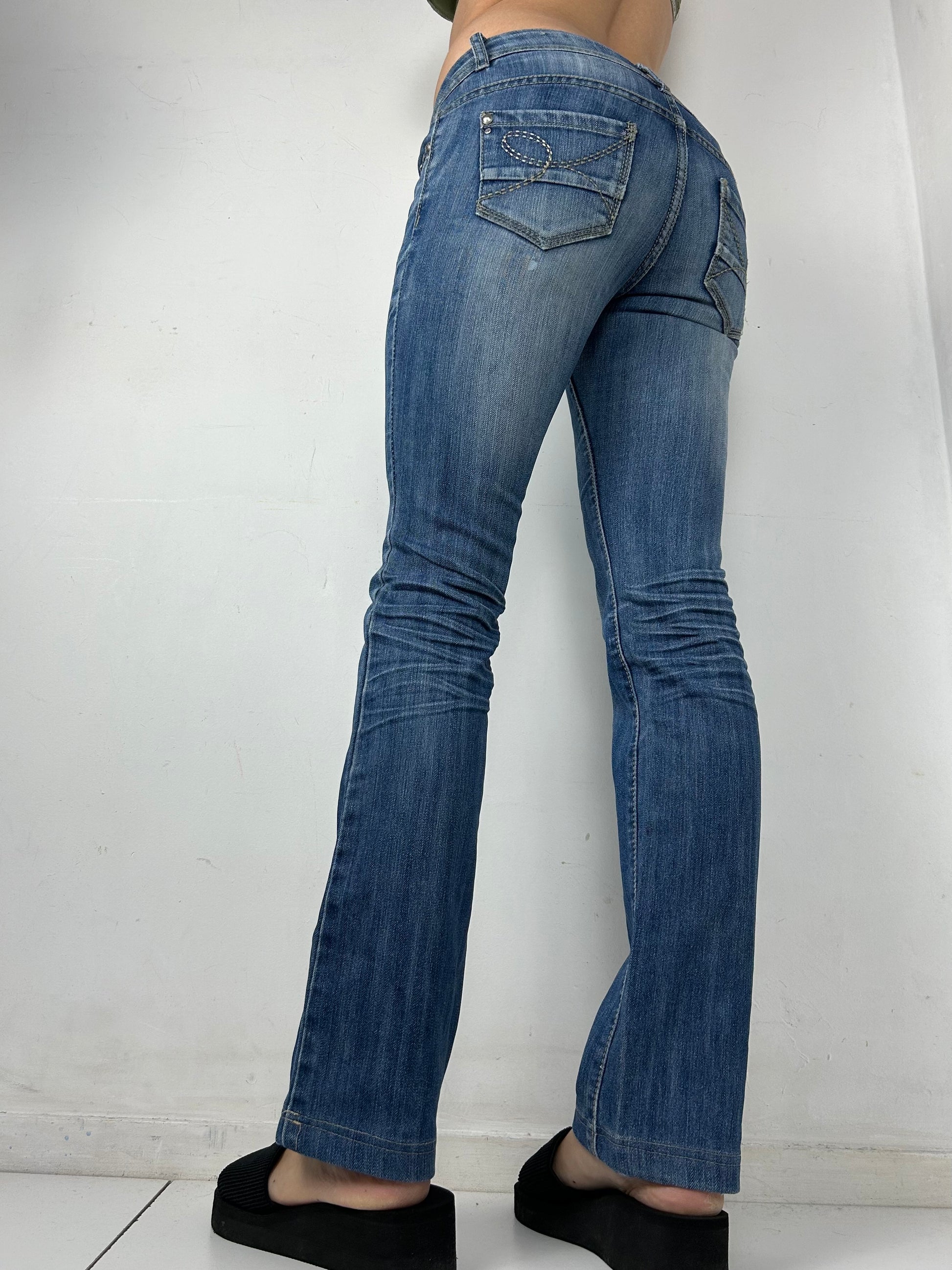 Blue denim low rise flared pants (S)