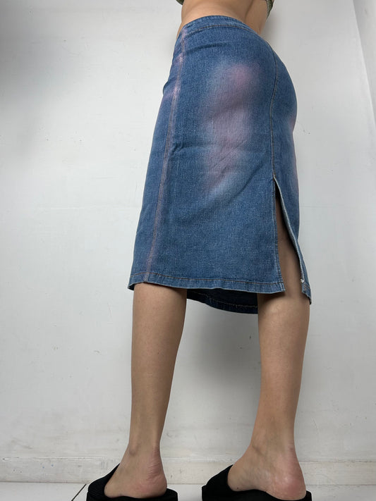 Blue denim low rise mid skirt (S)