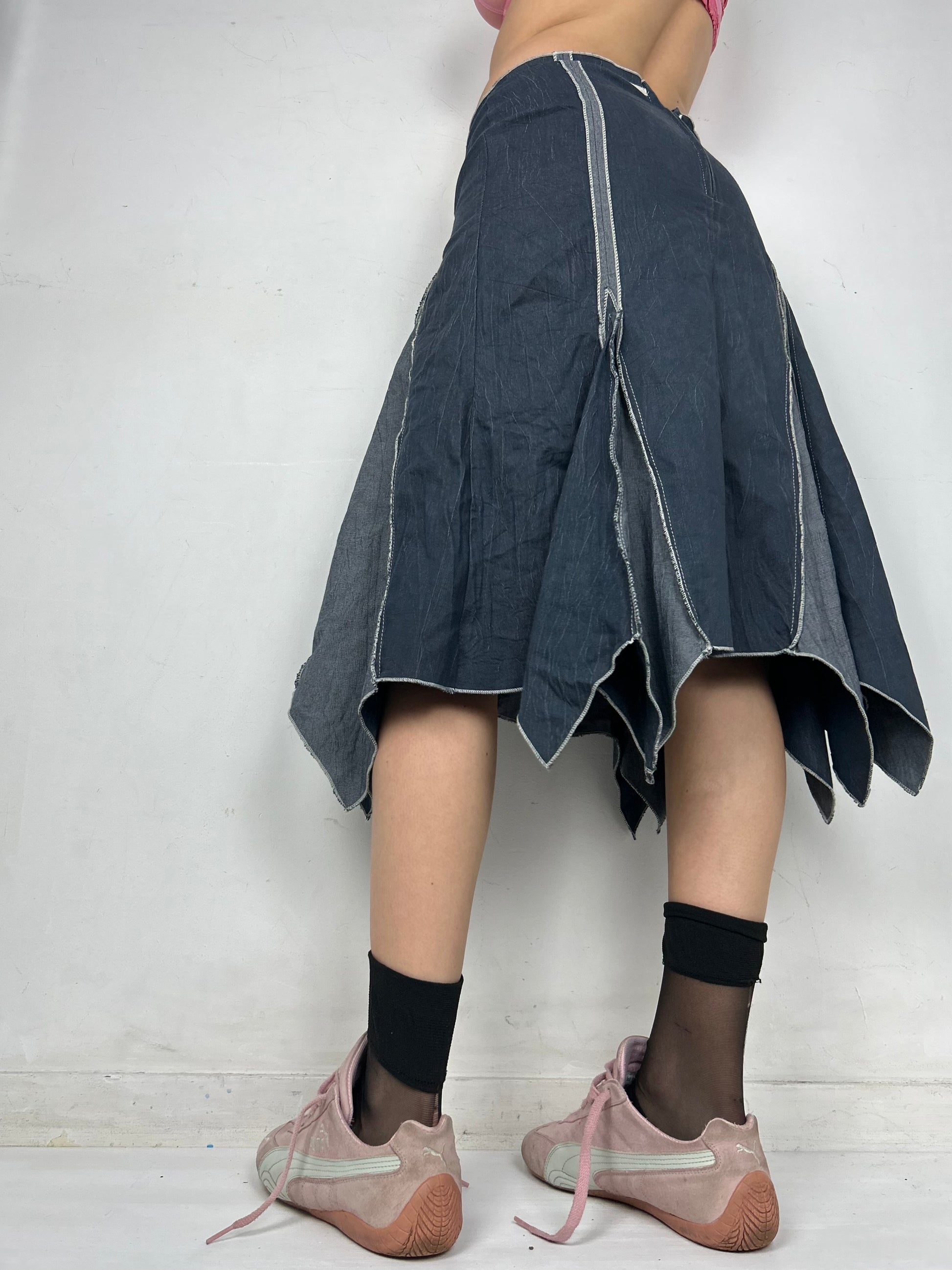 Blue denim asymmetric low rise mid skirt (S/M)