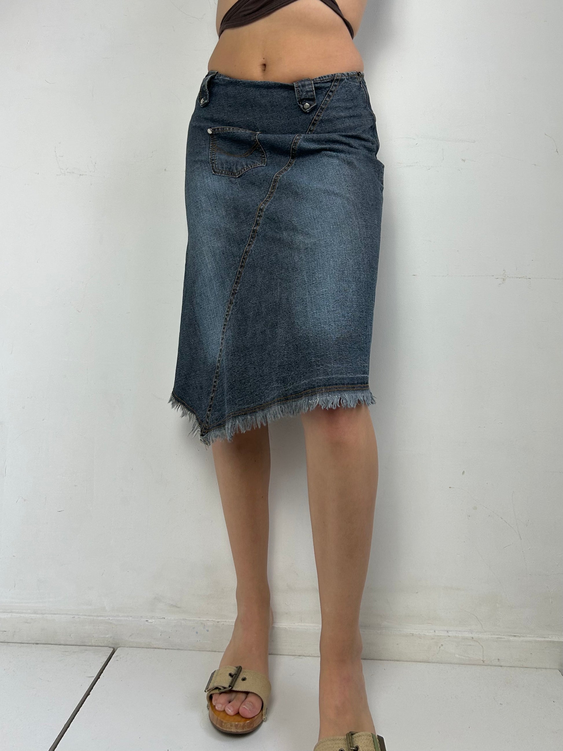 Denim blue navy low rise asymmetric mid skirt (S)