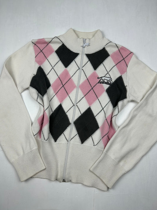 White check print zip up cardigan jumper (S/M)