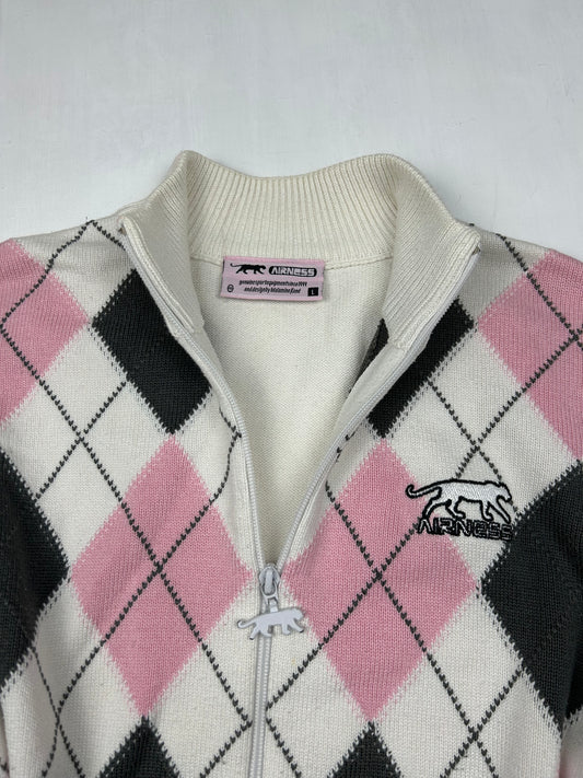 White check print zip up cardigan jumper (S/M)