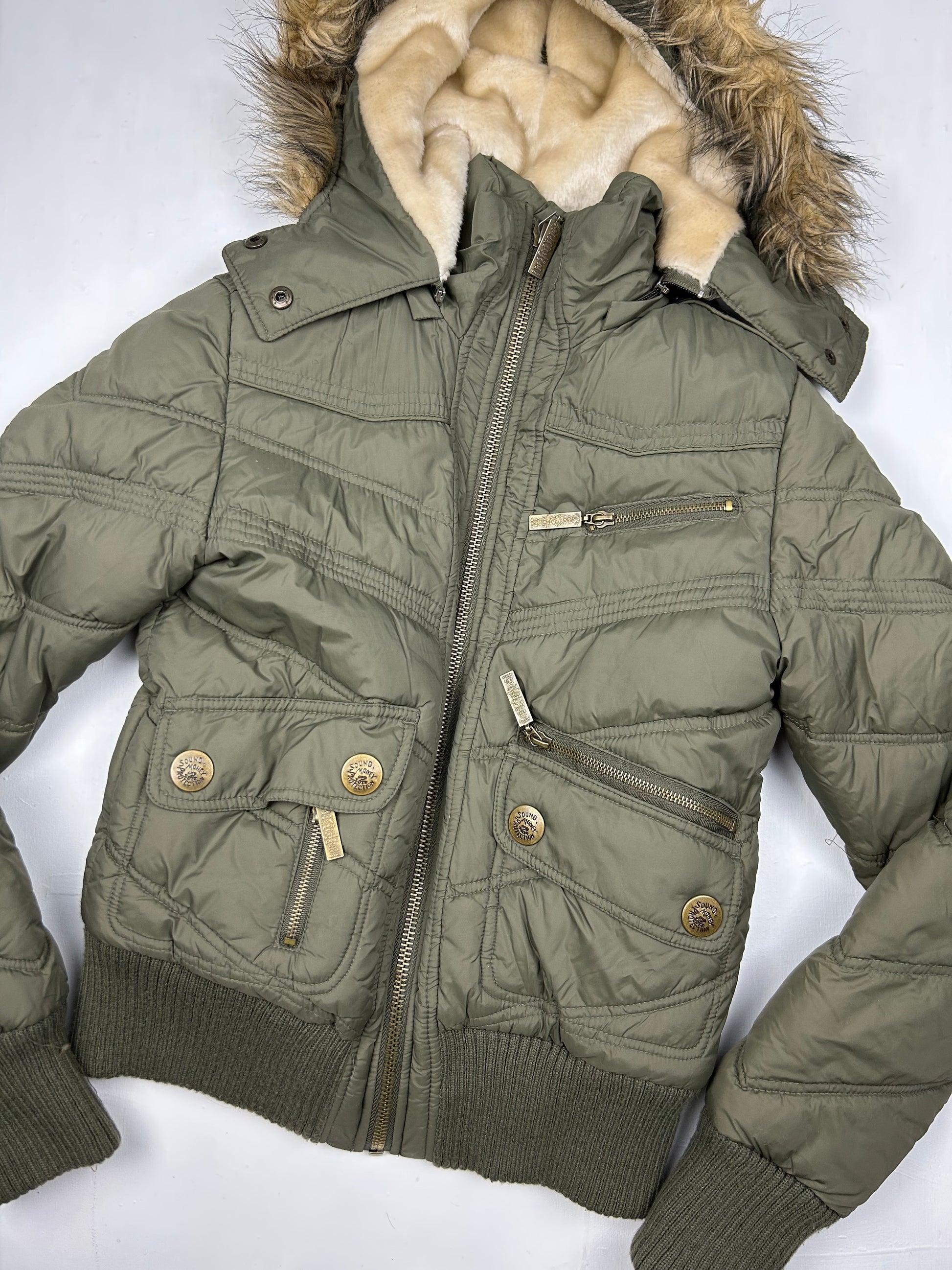 Khaki zip up inside fleece faux fur puffer biker jacket (S/M)