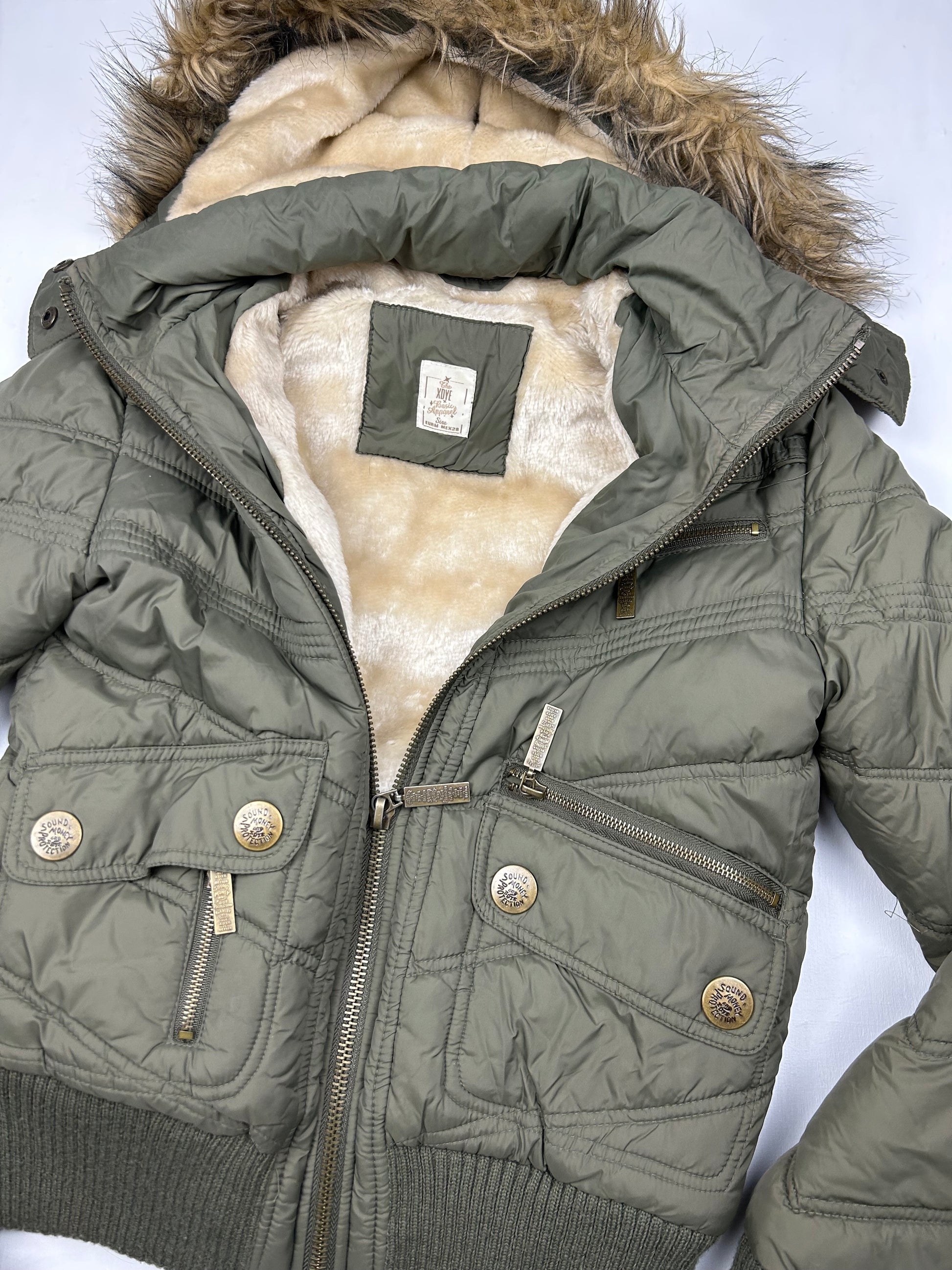 Khaki zip up inside fleece faux fur puffer biker jacket (S/M)