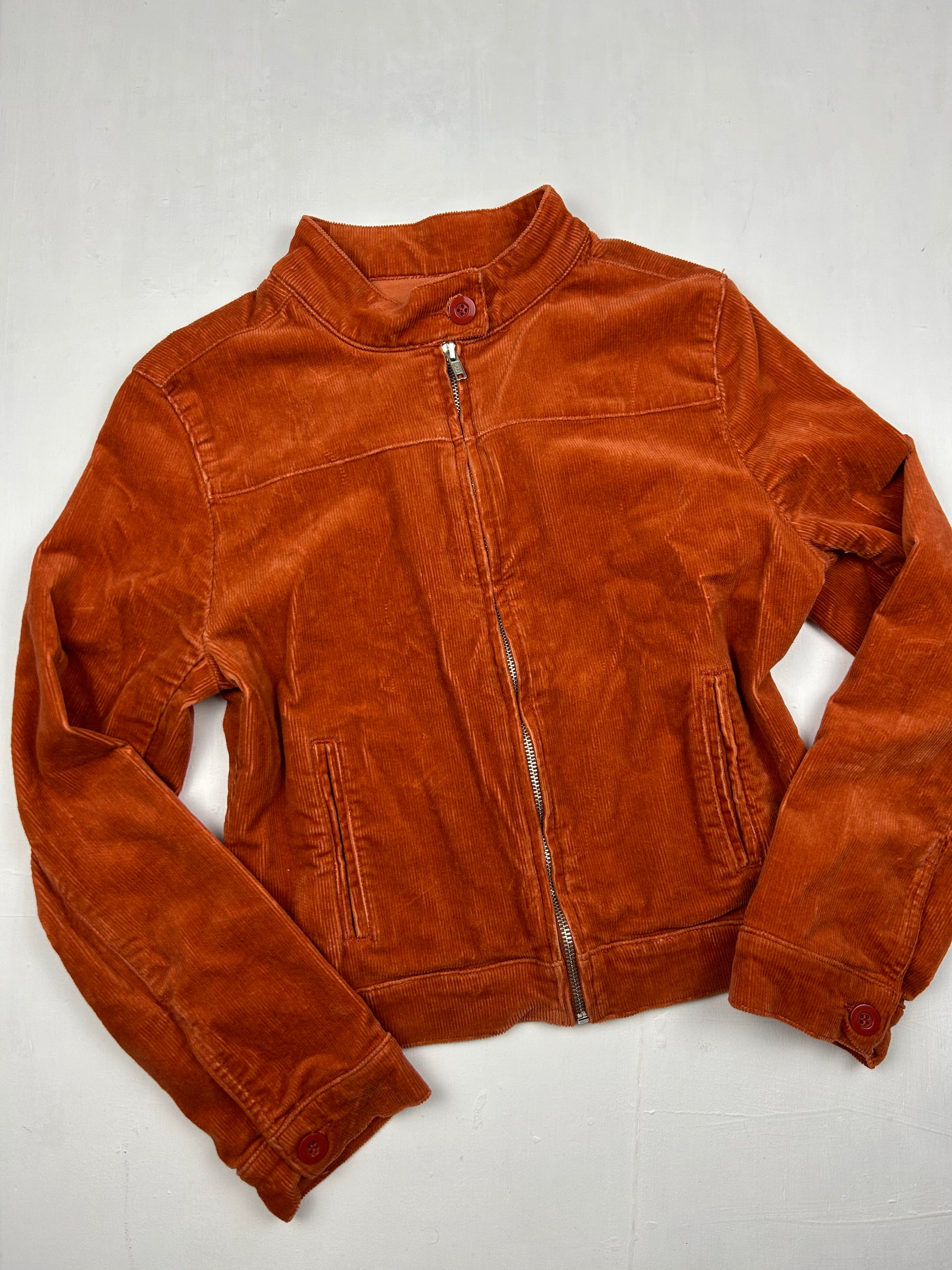 Orange zip up velvet denim biker jacket (S/M)