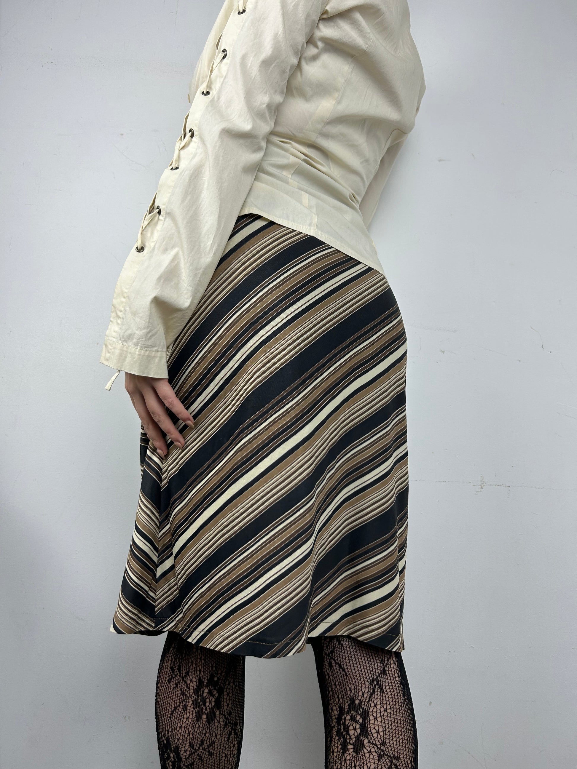 Beige low rise office striped midi skirt (S)