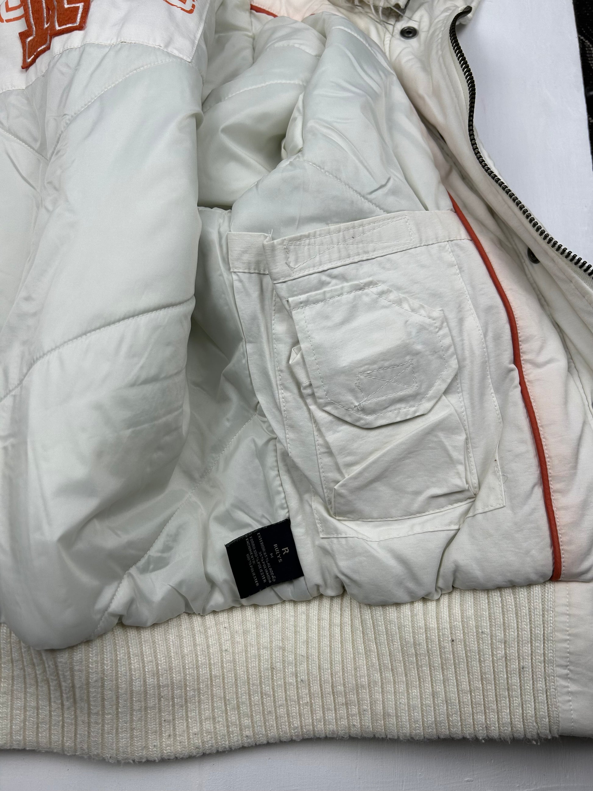 White zip up faux fur puffer biker jacket (M)