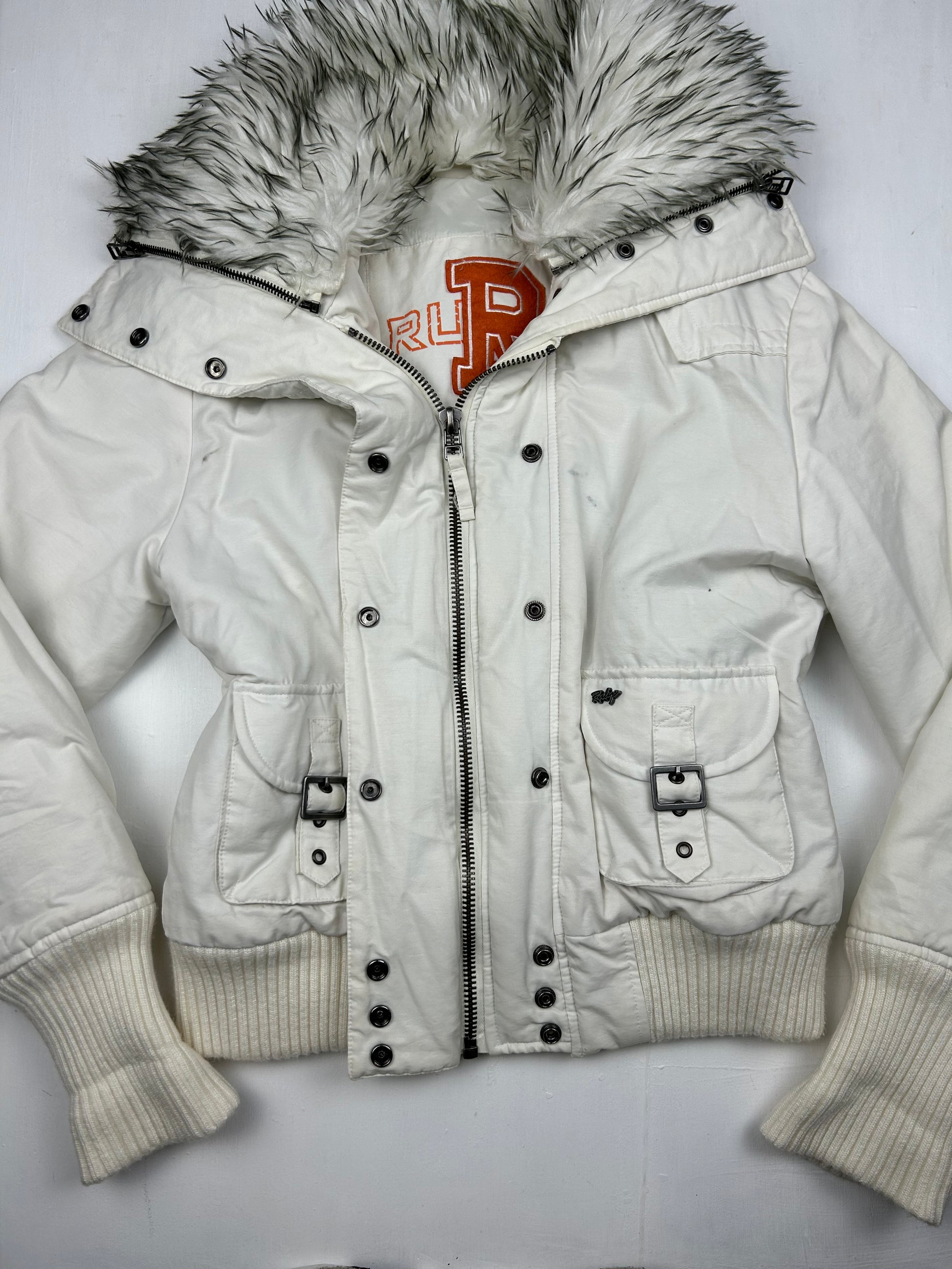 White zip up faux fur puffer biker jacket (M)