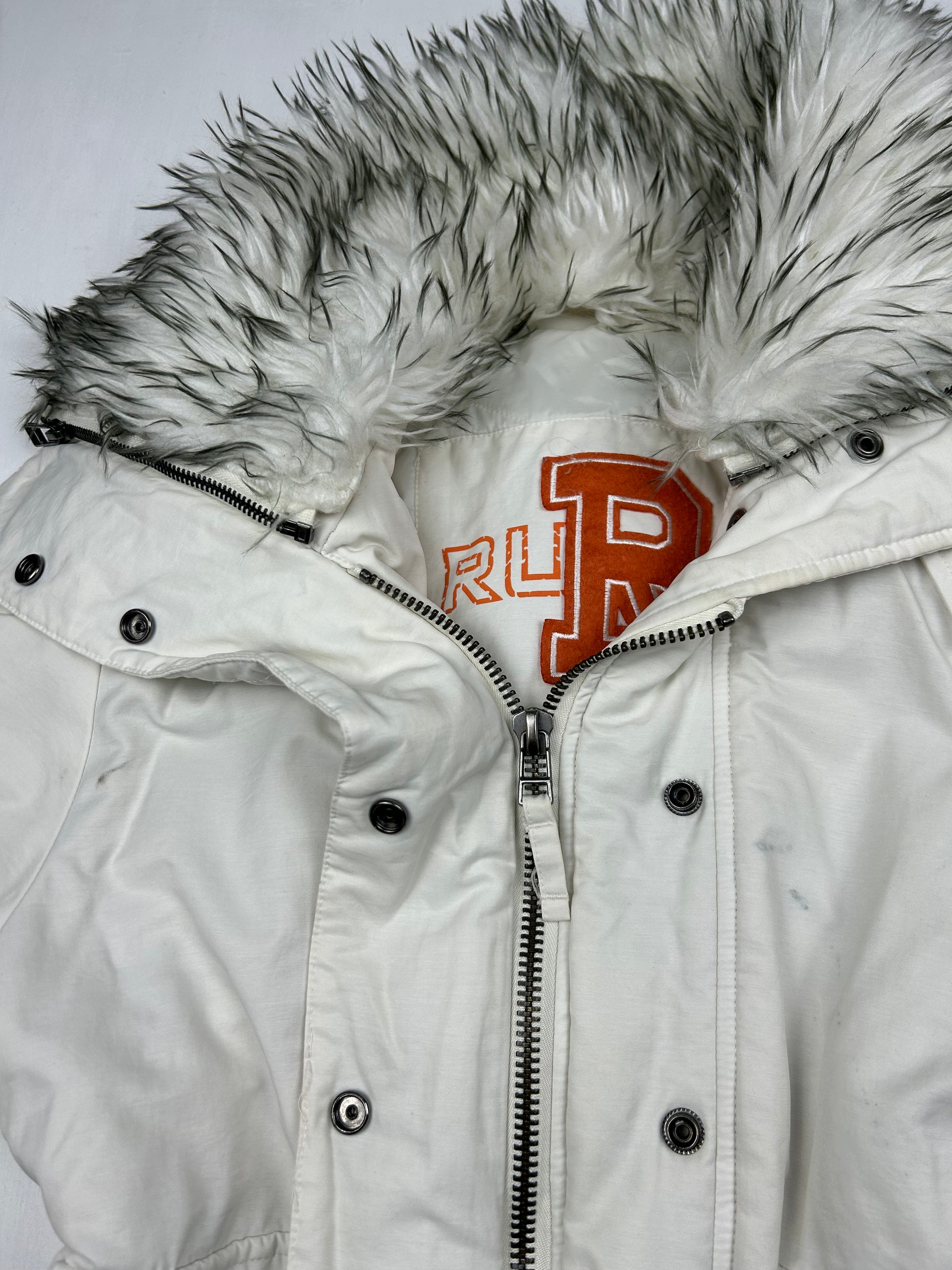 White zip up faux fur puffer biker jacket (M)