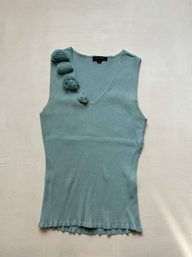 Blue ribbed flower appliqué knitted tank top (M)