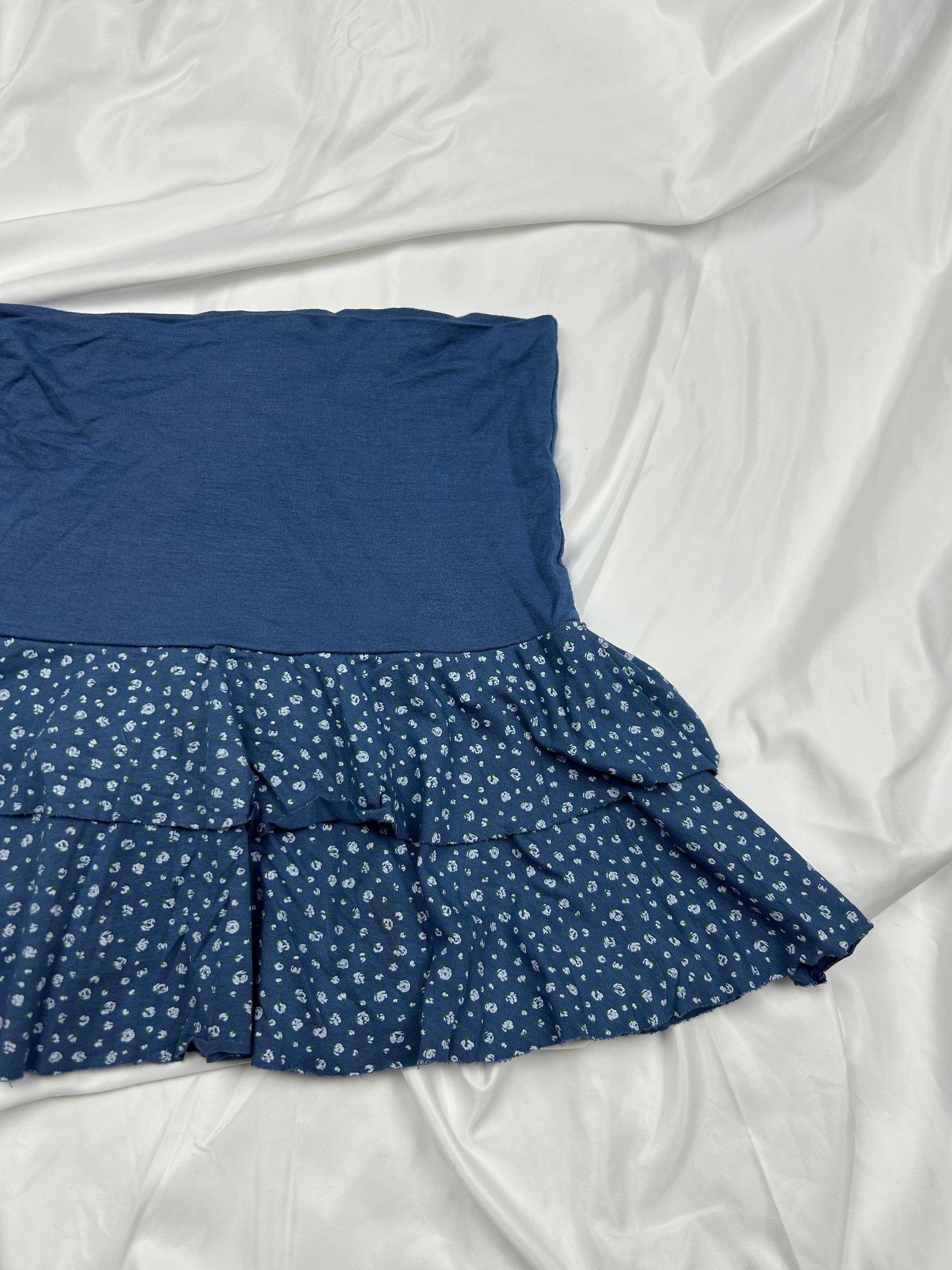 Blue cotton mini / micro low rise pleated skirt (S)