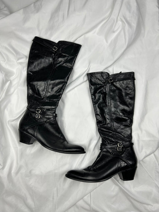 Black buckle belt knee high boots (38)