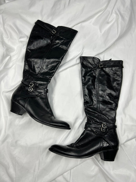 Black buckle belt knee high boots (38)