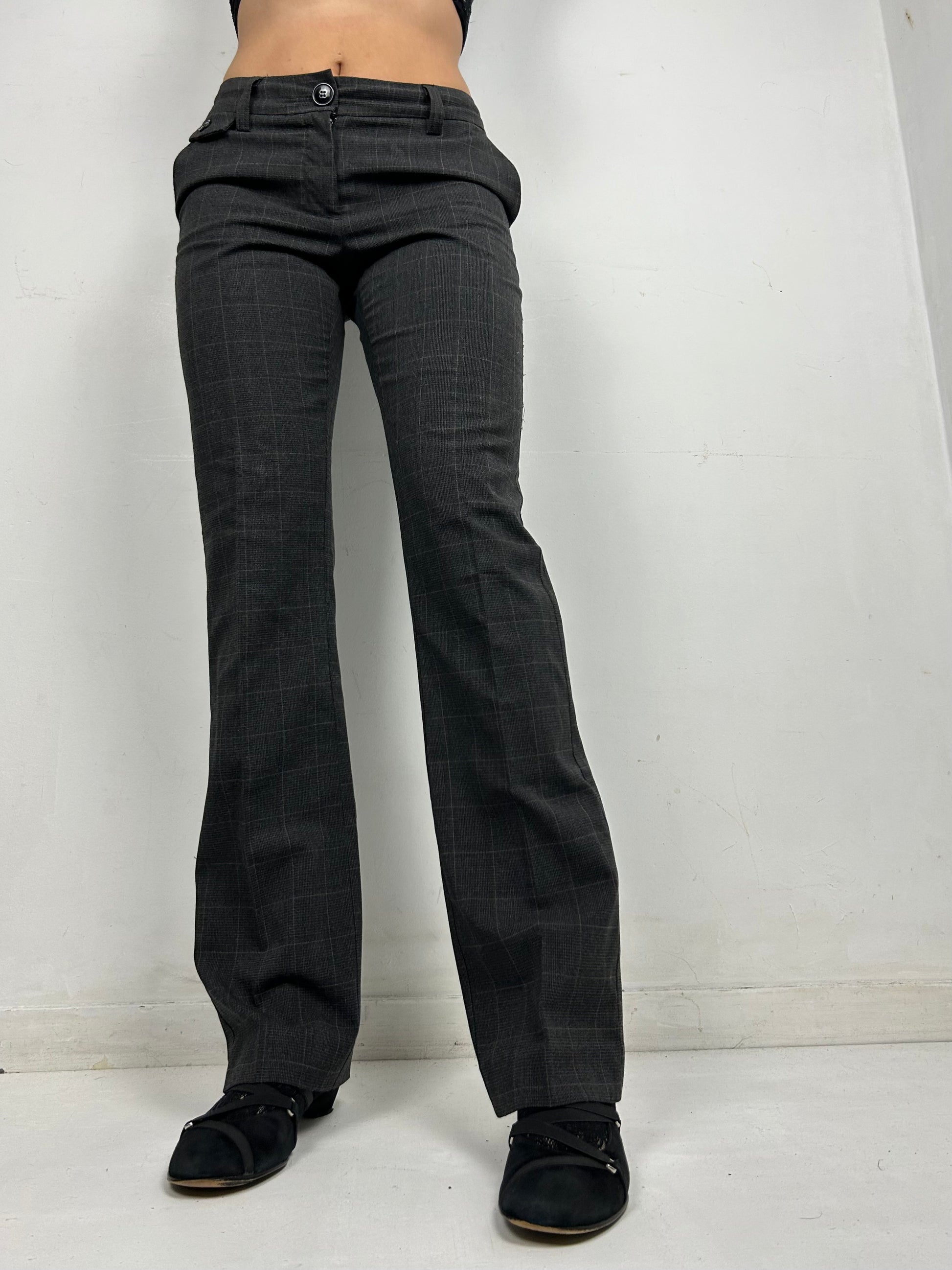 Grey check print office low waist flare / bootcut baggy pants (S)