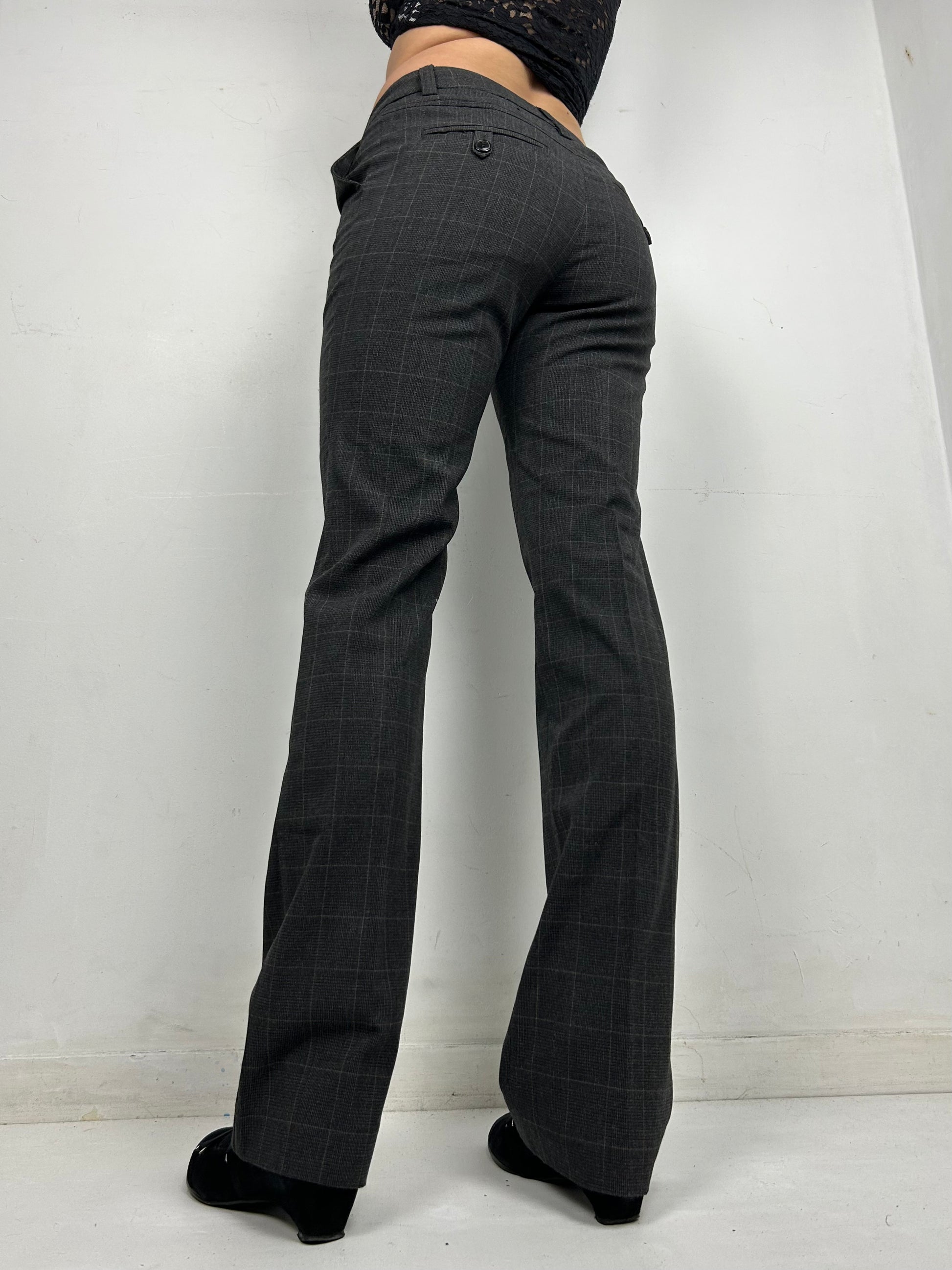 Grey check print office low waist flare / bootcut baggy pants (S)