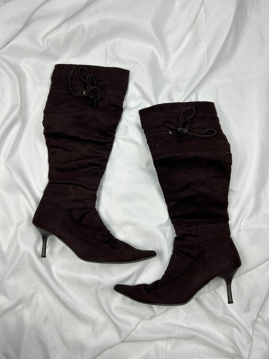 Brown suede fabric knee high boots (38)