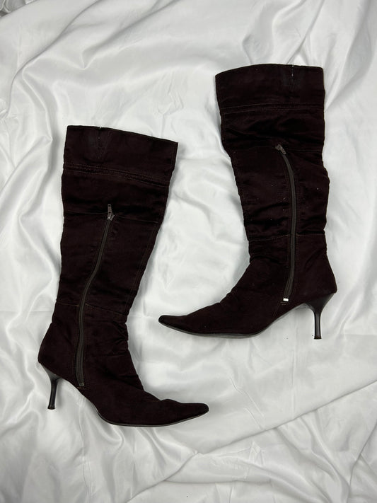 Brown suede fabric knee high boots (38)