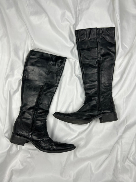 Black real leather buckle belt knee high boots (38)