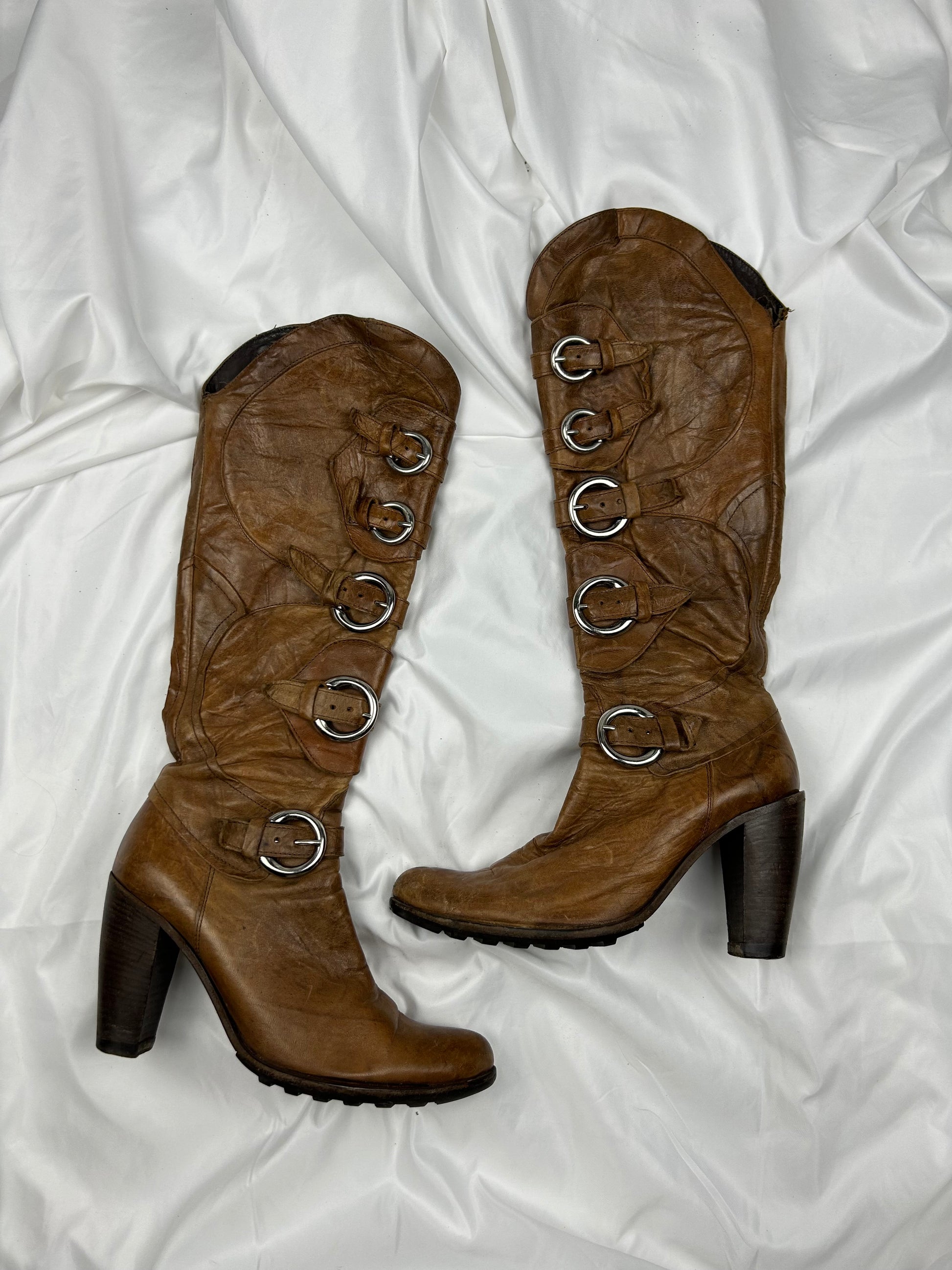 Camel 100% real leather fabric buckles knee high boots (38)