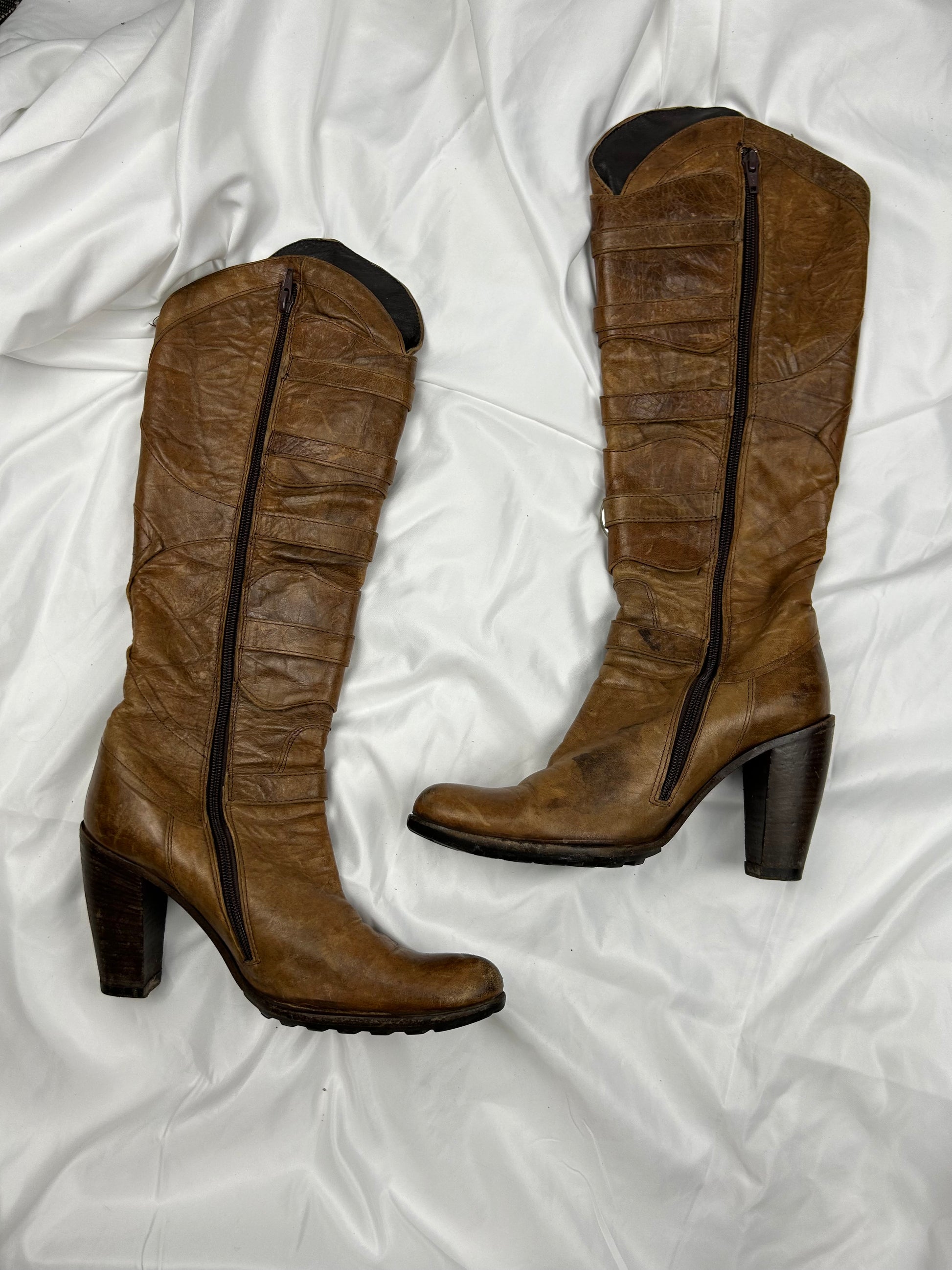 Camel 100% real leather fabric buckles knee high boots (38)