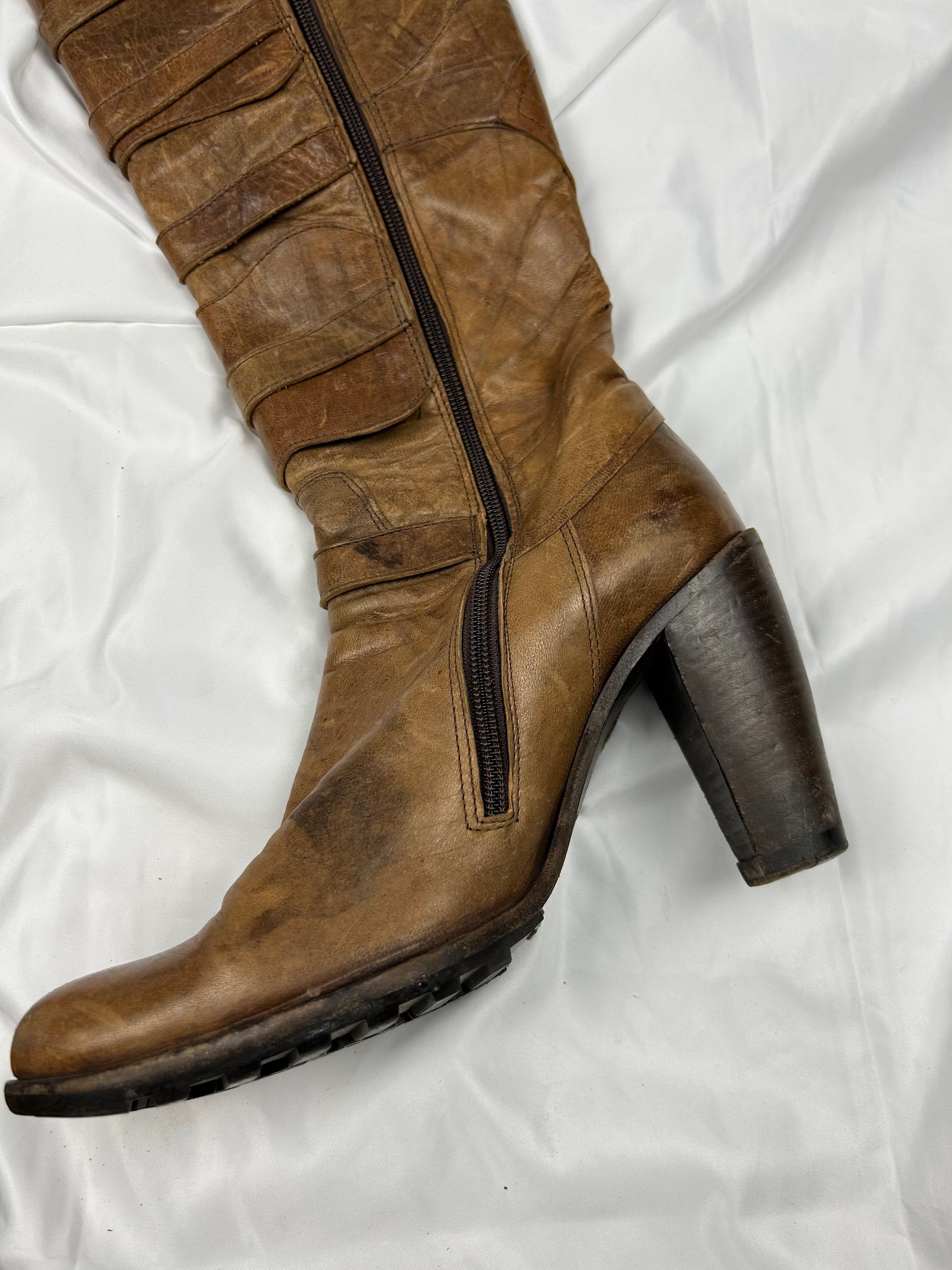 Camel 100% real leather fabric buckles knee high boots (38)