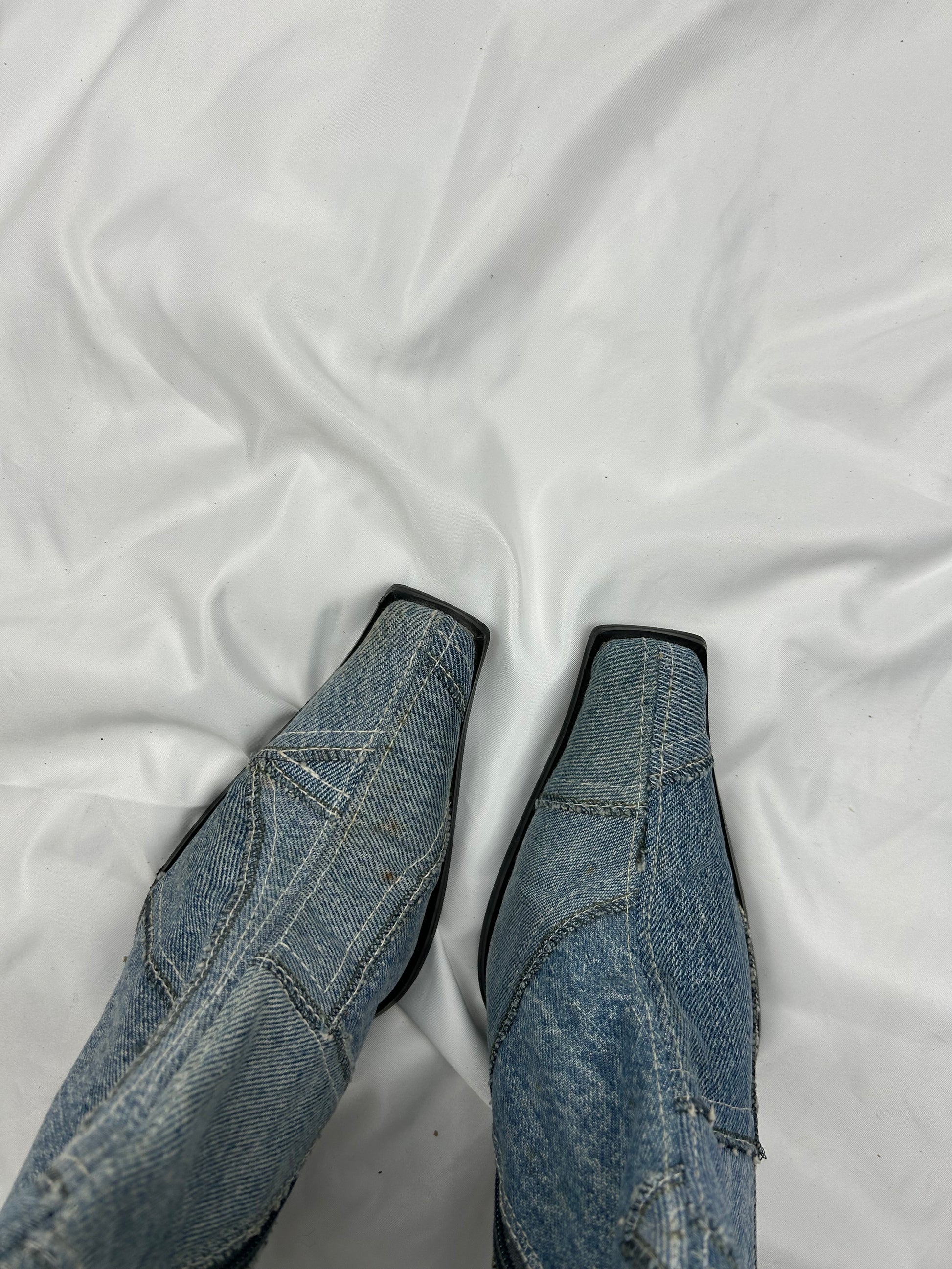 Blue denim pointed toes heels mid boots (37)