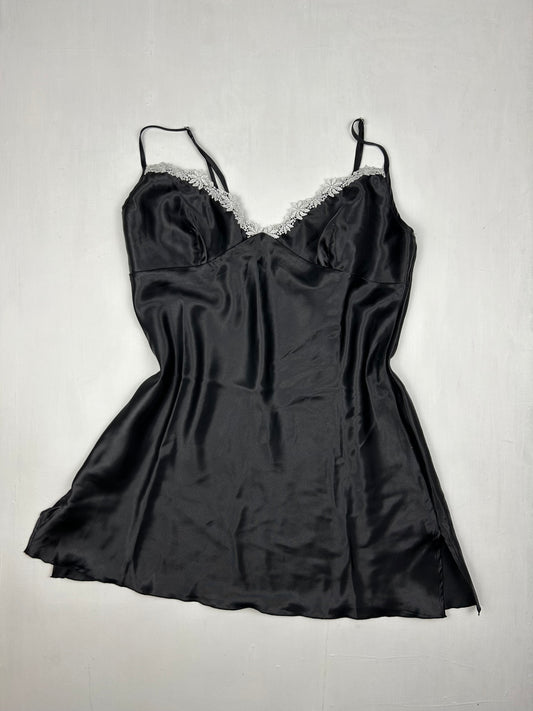 Black satin effect lace babydoll cami dress (M)