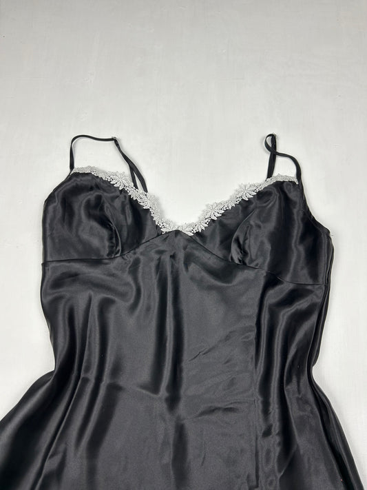 Black satin effect lace babydoll cami dress (M)