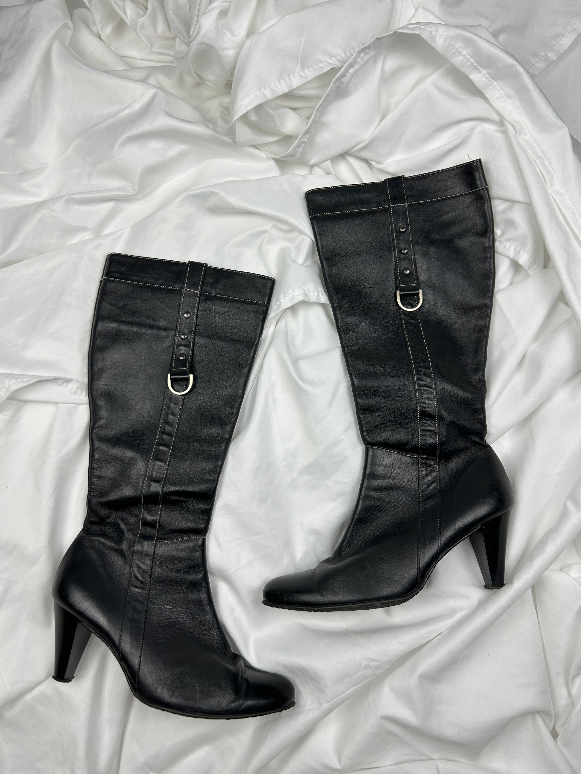 Black 100% real leather fabric buckles knee high boots (41)