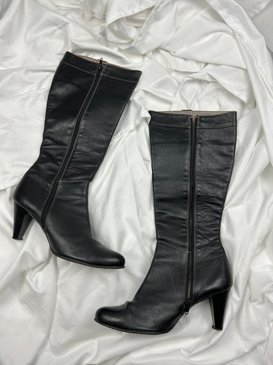 Black 100% real leather fabric buckles knee high boots (41)