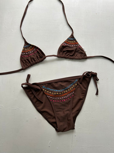 Brown embroidered adjustable y2k vintage bikini set (M)