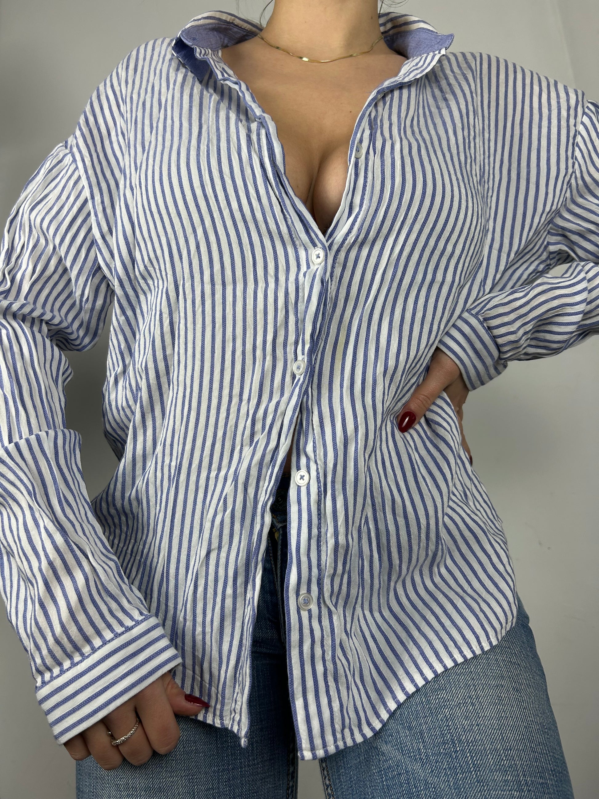 Baby blue striped cotton long sleeves shirt (S)