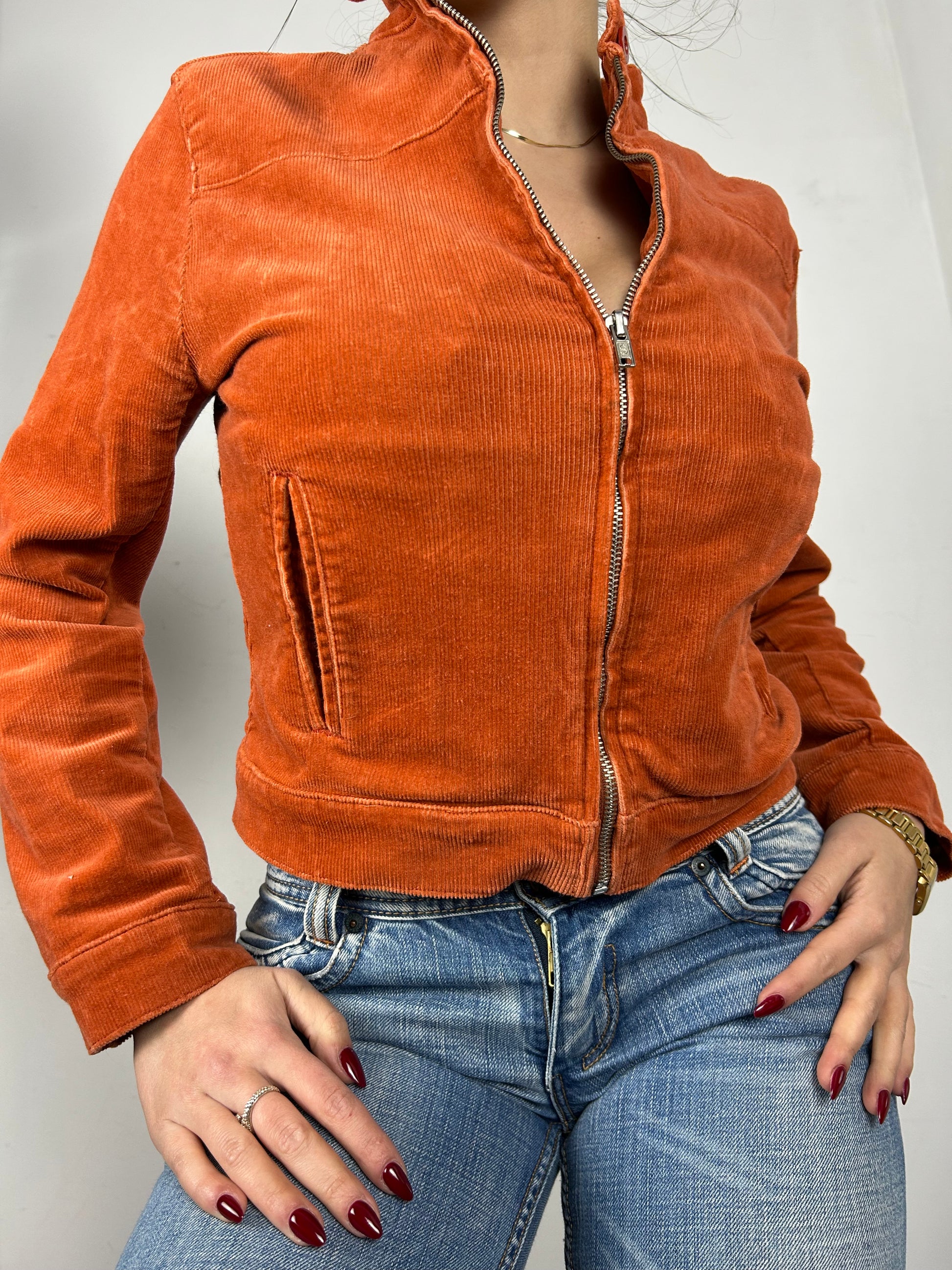 Orange zip up velvet denim biker jacket (S/M)