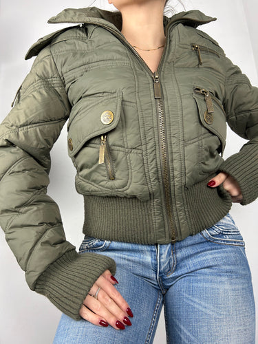 Khaki zip up inside fleece faux fur puffer biker jacket (S/M)