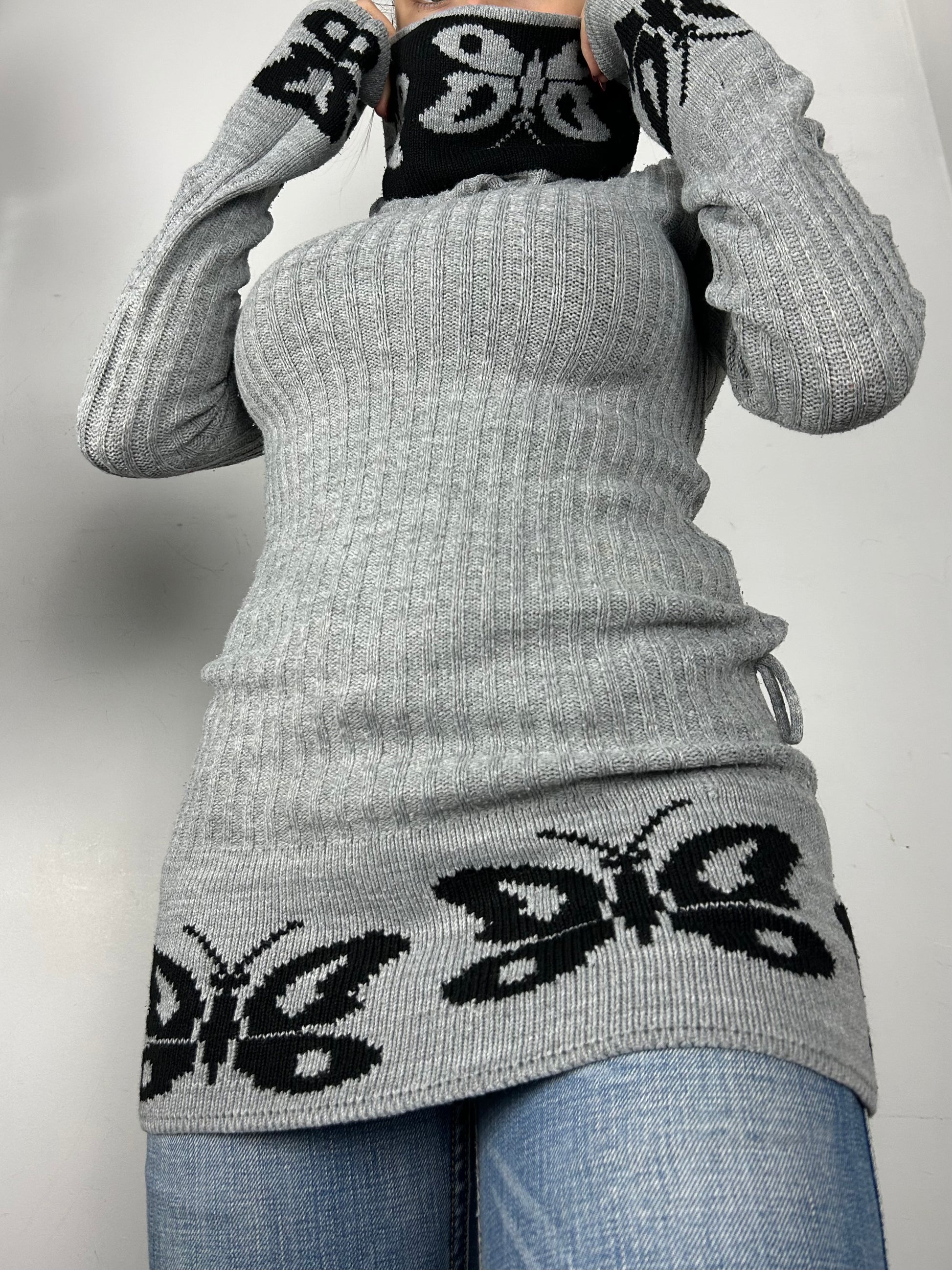 Grey butterfly print turtleneck jumper (S/M)