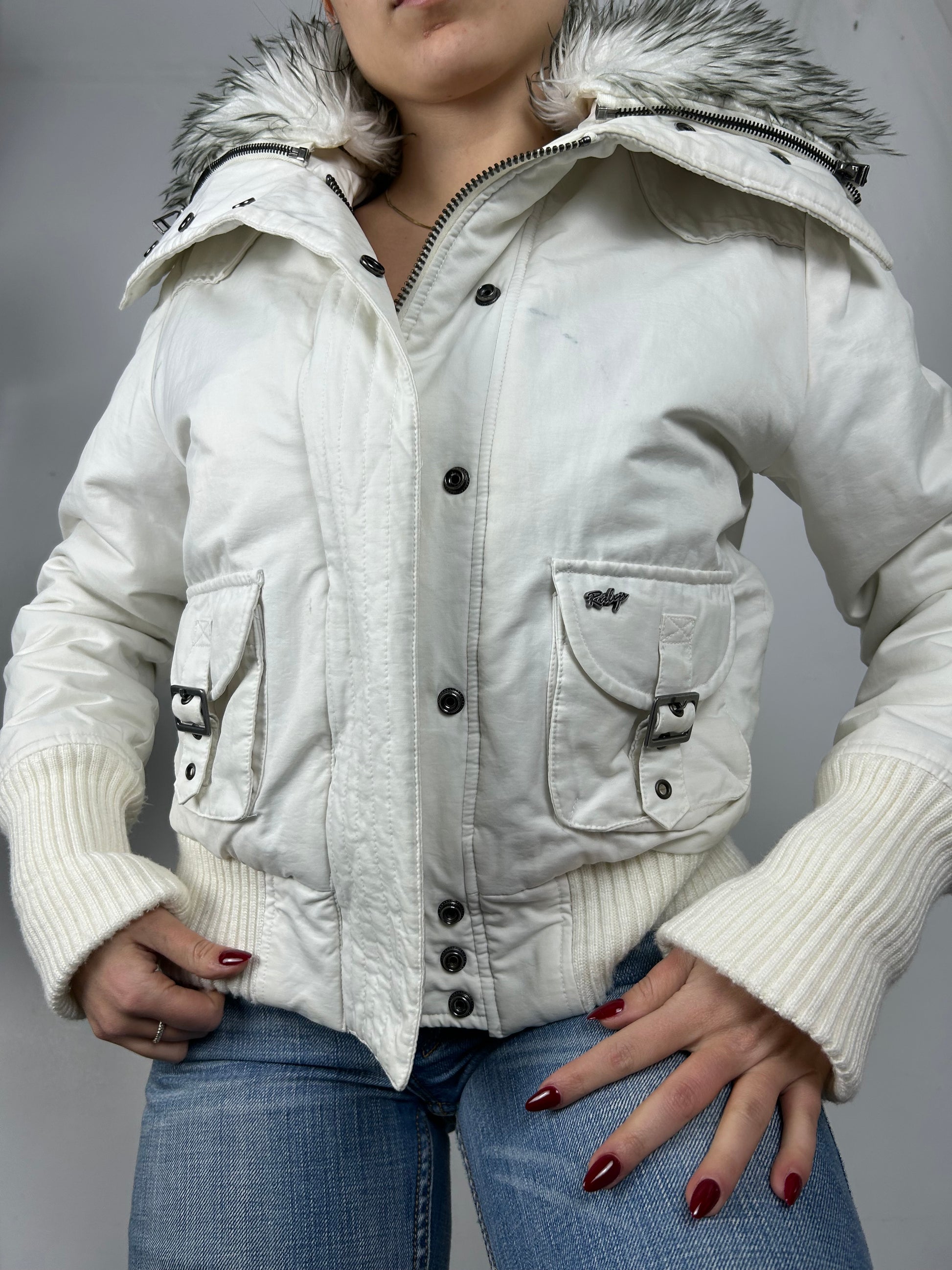 White zip up faux fur puffer biker jacket (M)