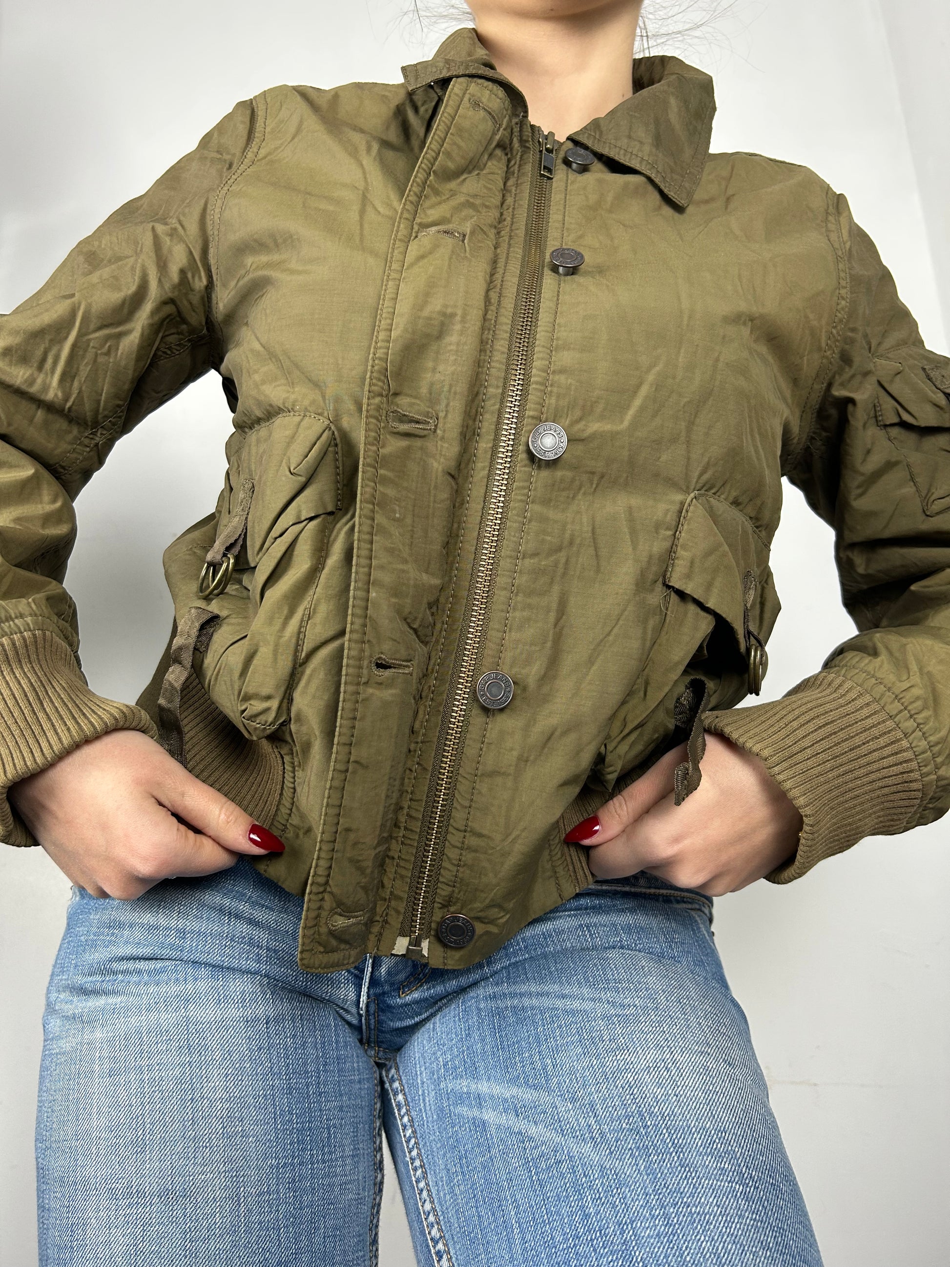 Khaki utility zip up biker jacket (S/M)