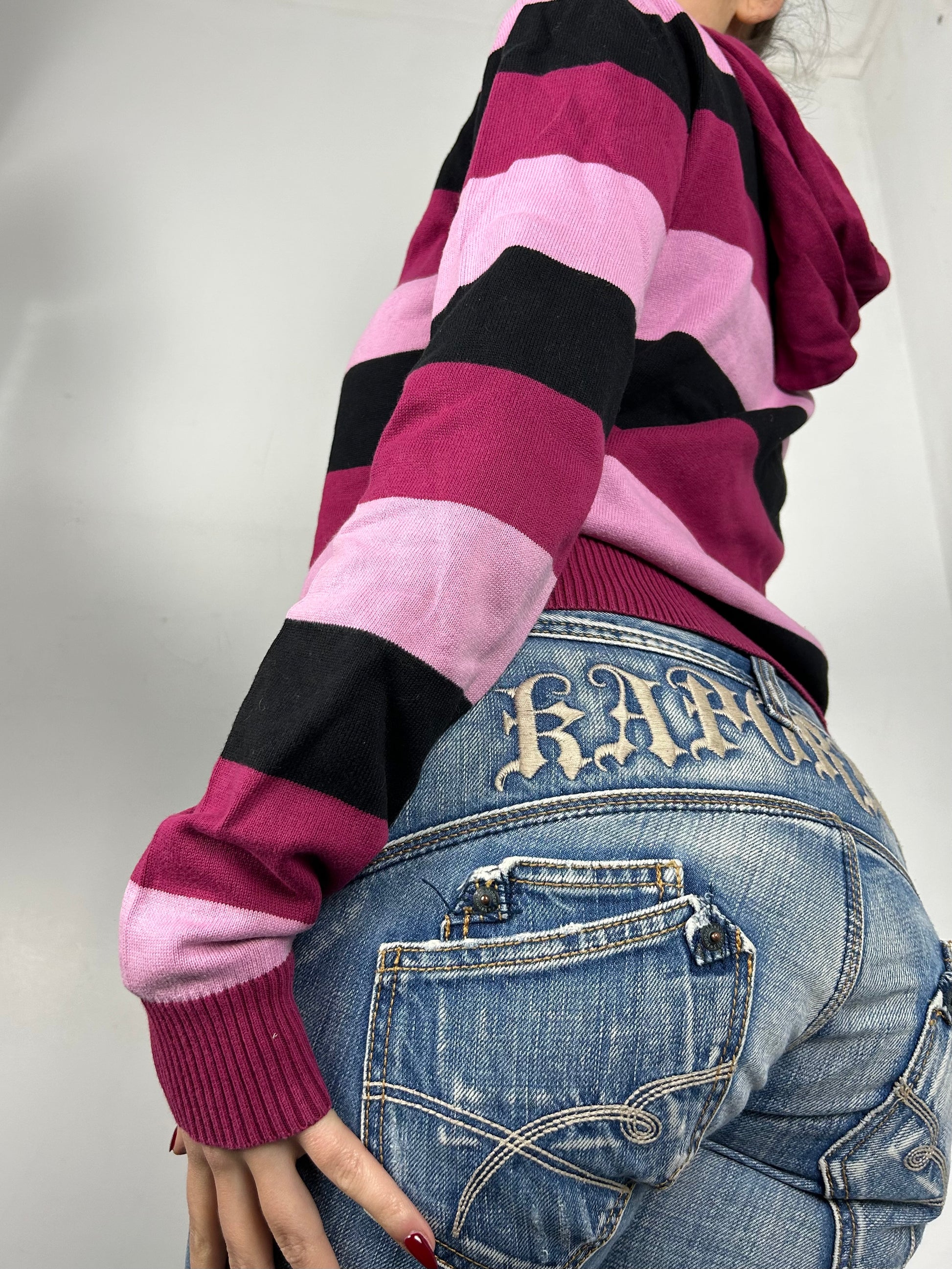 Pink striped hoodie jumper (M)