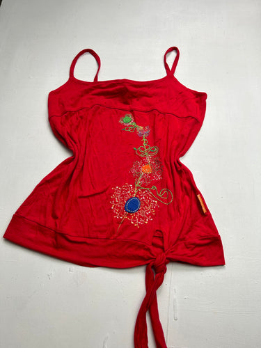 Red embroidered floral print tie up cami top (S)