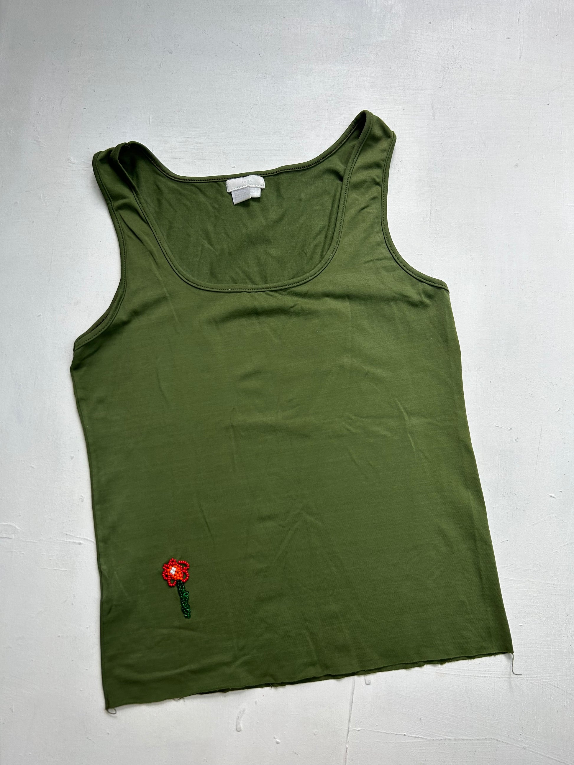 Green khaki embroidered pearls flower tank top (S/M)