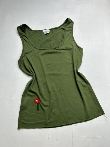 Green khaki embroidered pearls flower tank top (S/M)